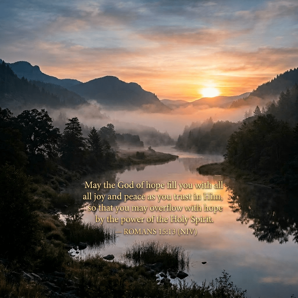 Mountain river at sunrise with mist and reflections