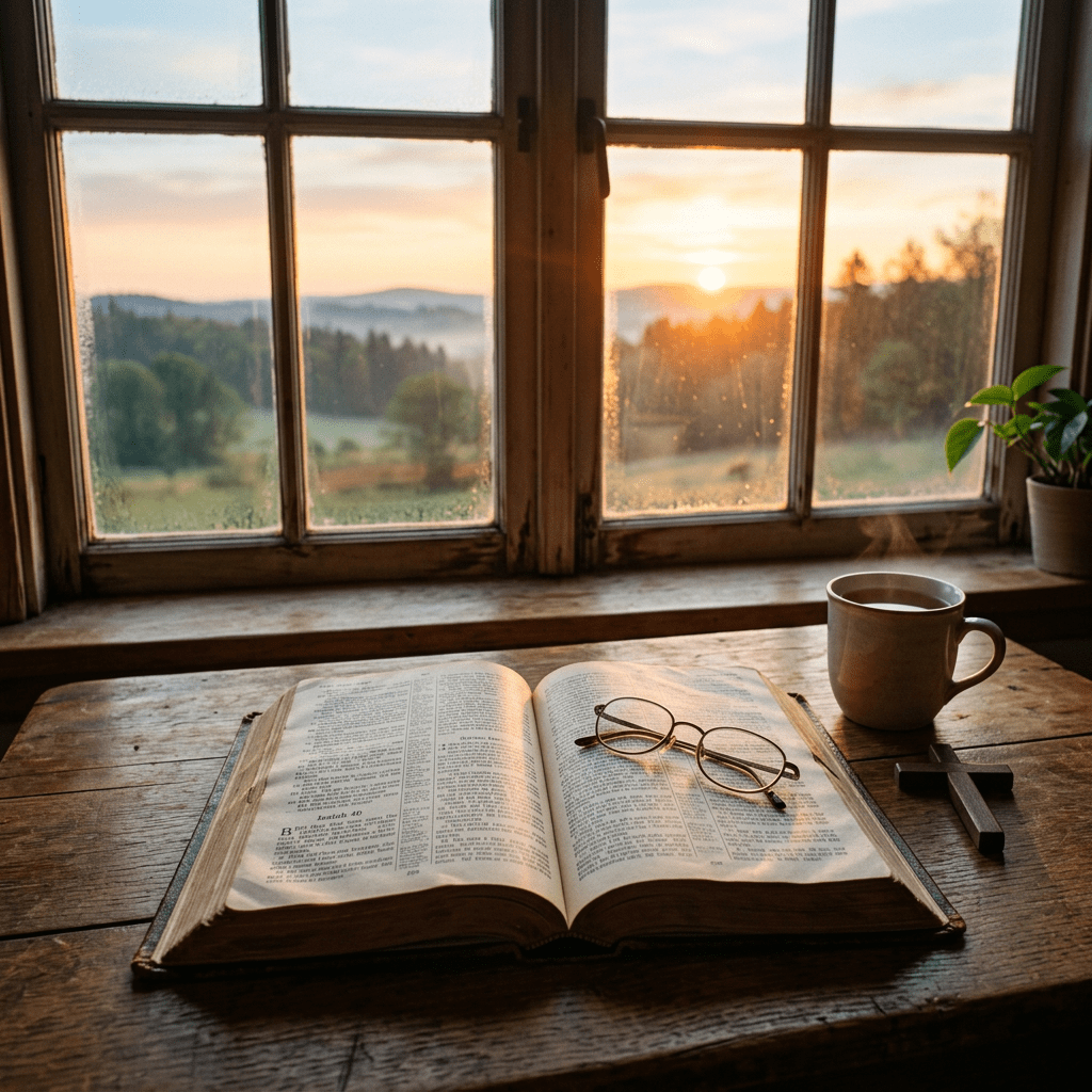 Open Bible with eyeglasses and steaming cup of tea on wooden table by window showing sunrise landscape