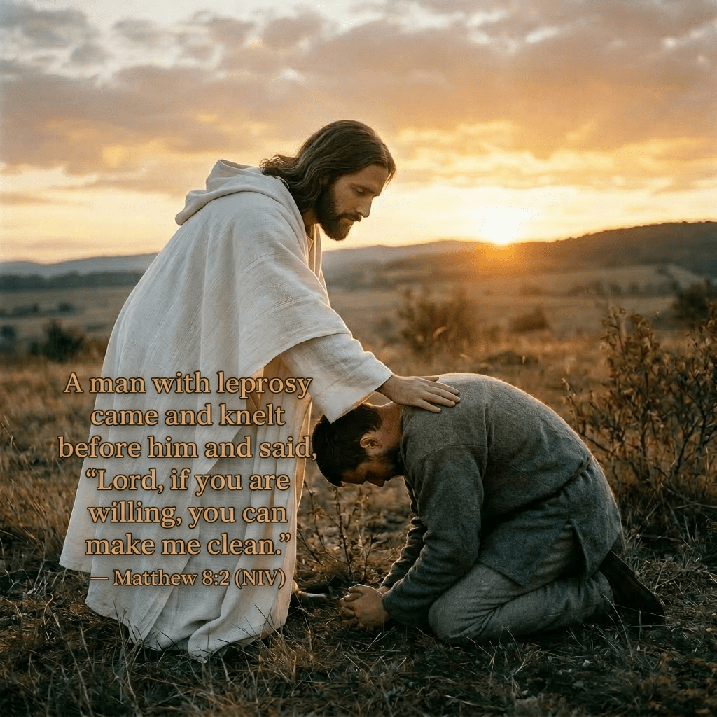 A person in a brown hooded cloak placing a hand on the bowed head of a kneeling man outdoors at sunset