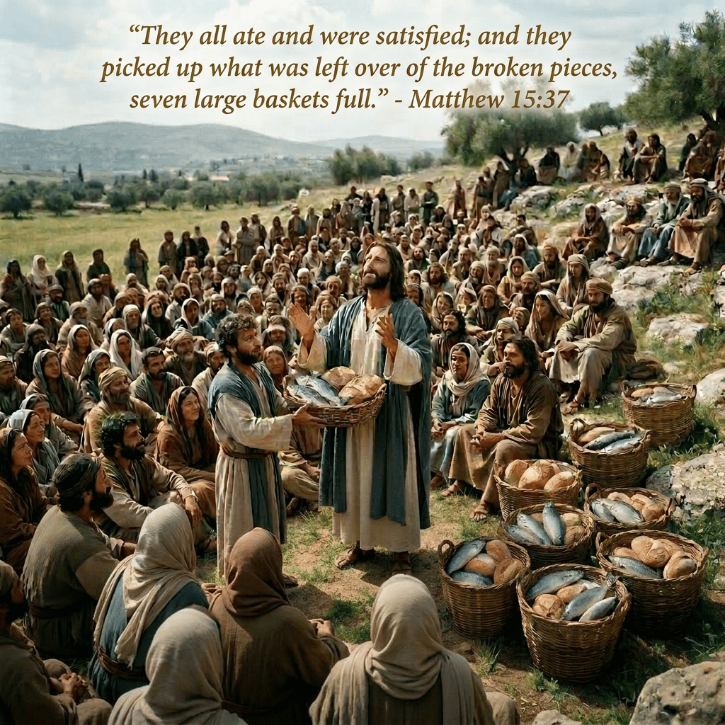 Jesus holding basket of bread surrounded by crowd and baskets of bread