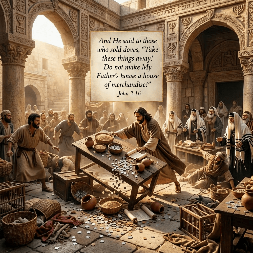 Jesus overturning tables with coins and baskets falling while people react in an ancient temple courtyard