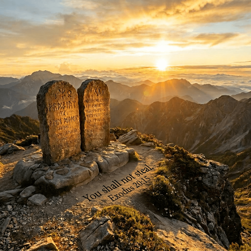 Two stone tablets with ancient inscriptions on a rocky mountain peak at sunrise