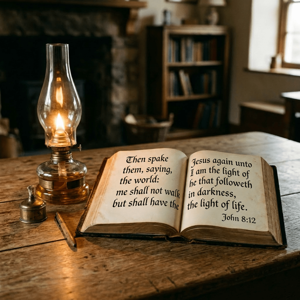Open antique book on wooden table next to lit oil lamp and pen