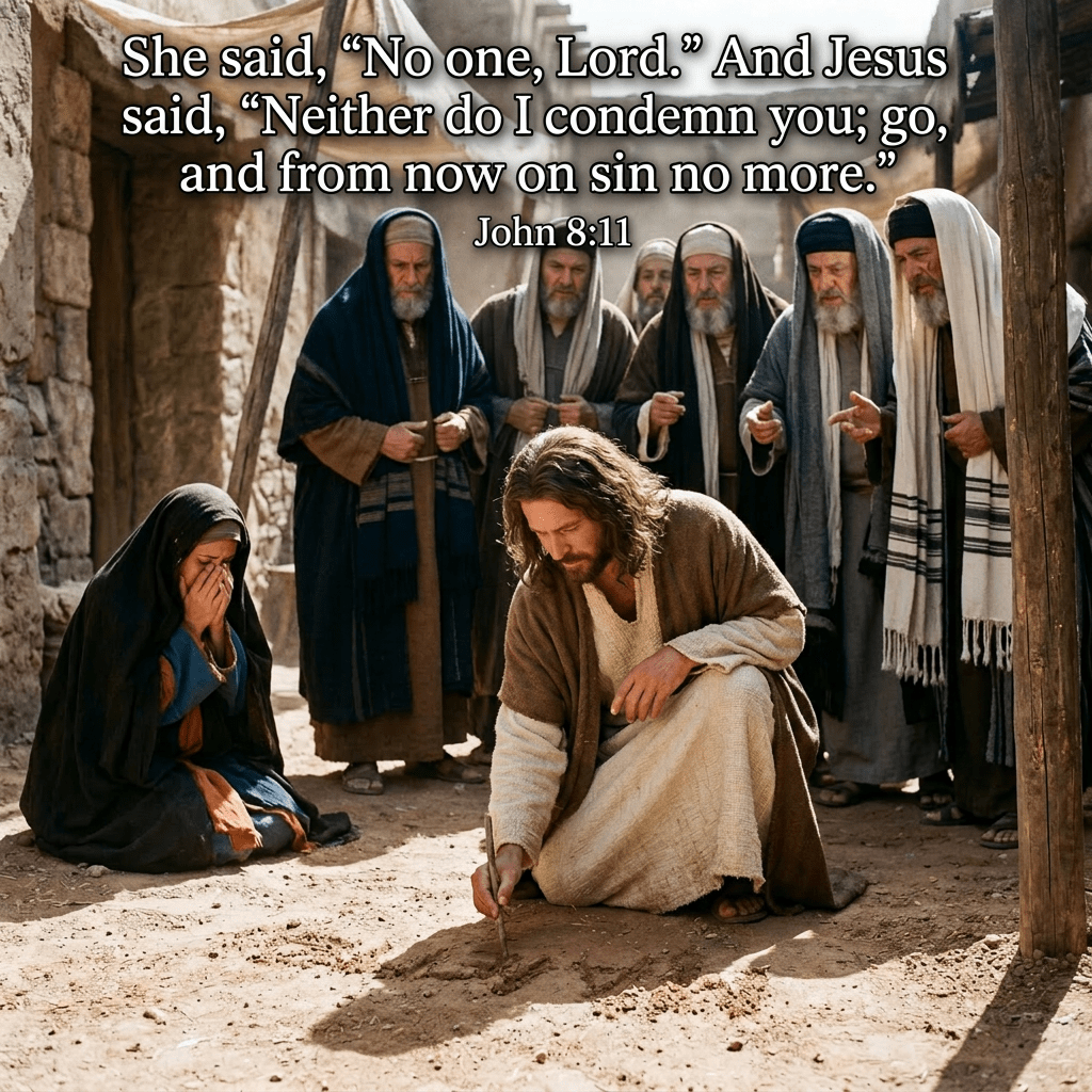 Man dressed as Jesus writing in sand with a group of people watching