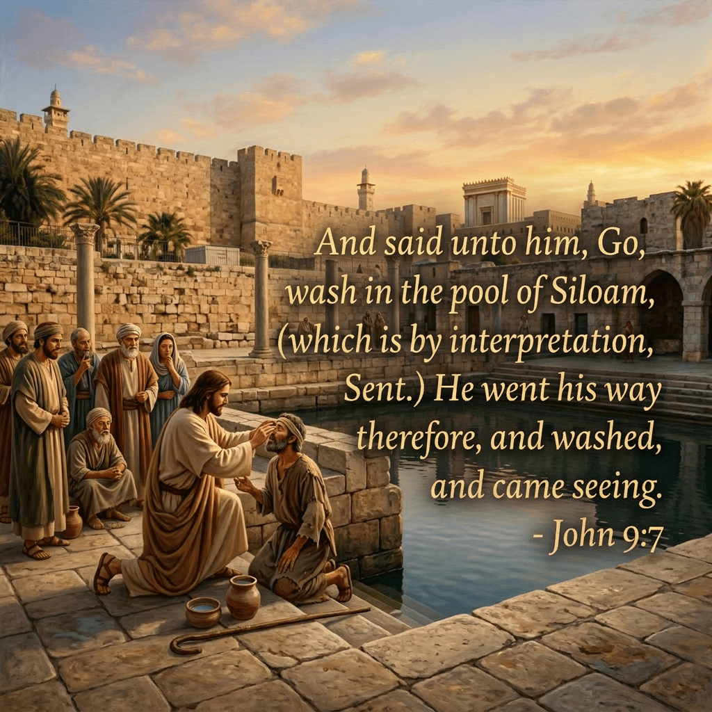 Jesus kneeling and healing a blind man near a stone pool with others watching