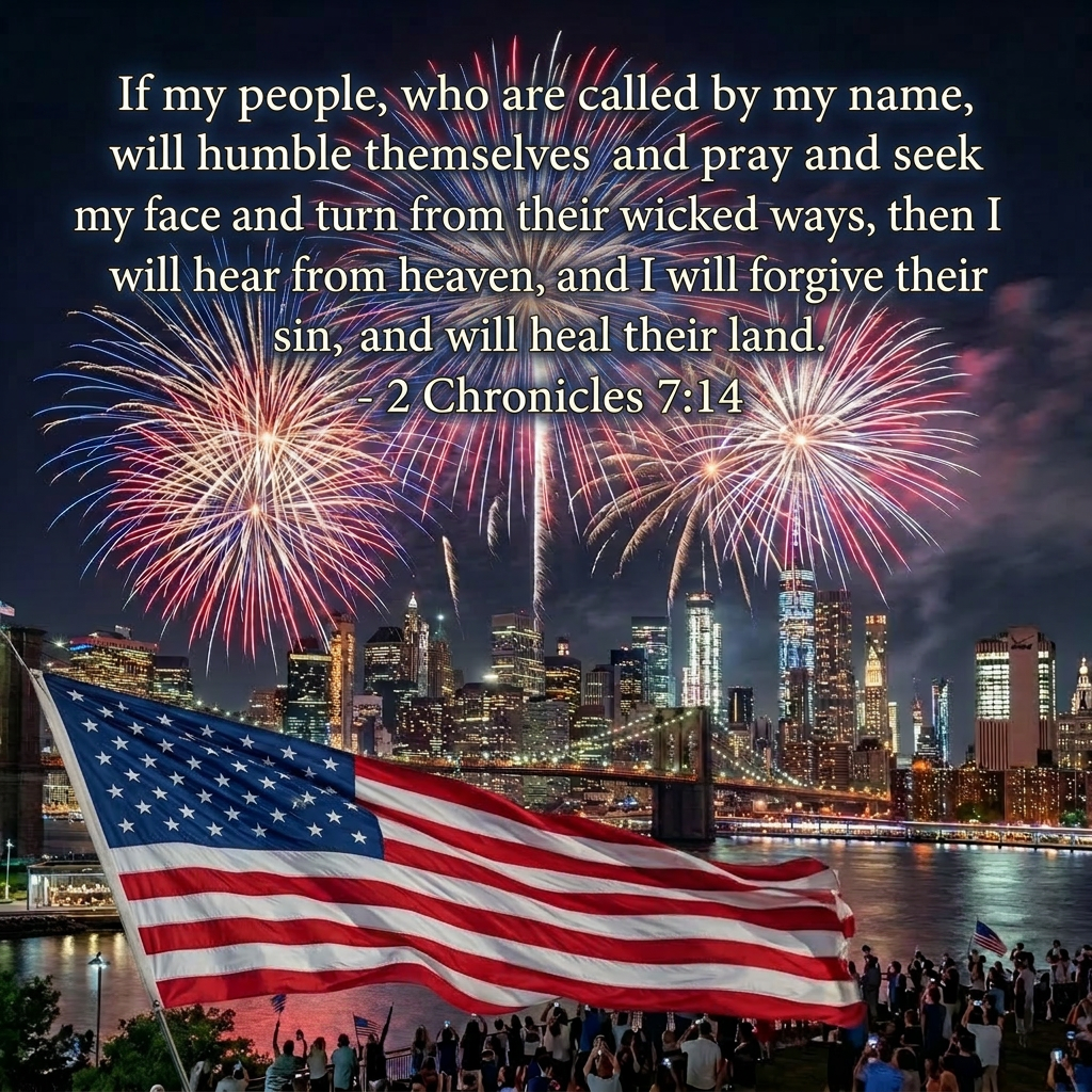 Large red, white, and blue fireworks burst above the New York City skyline at night with a crowd watching by the water