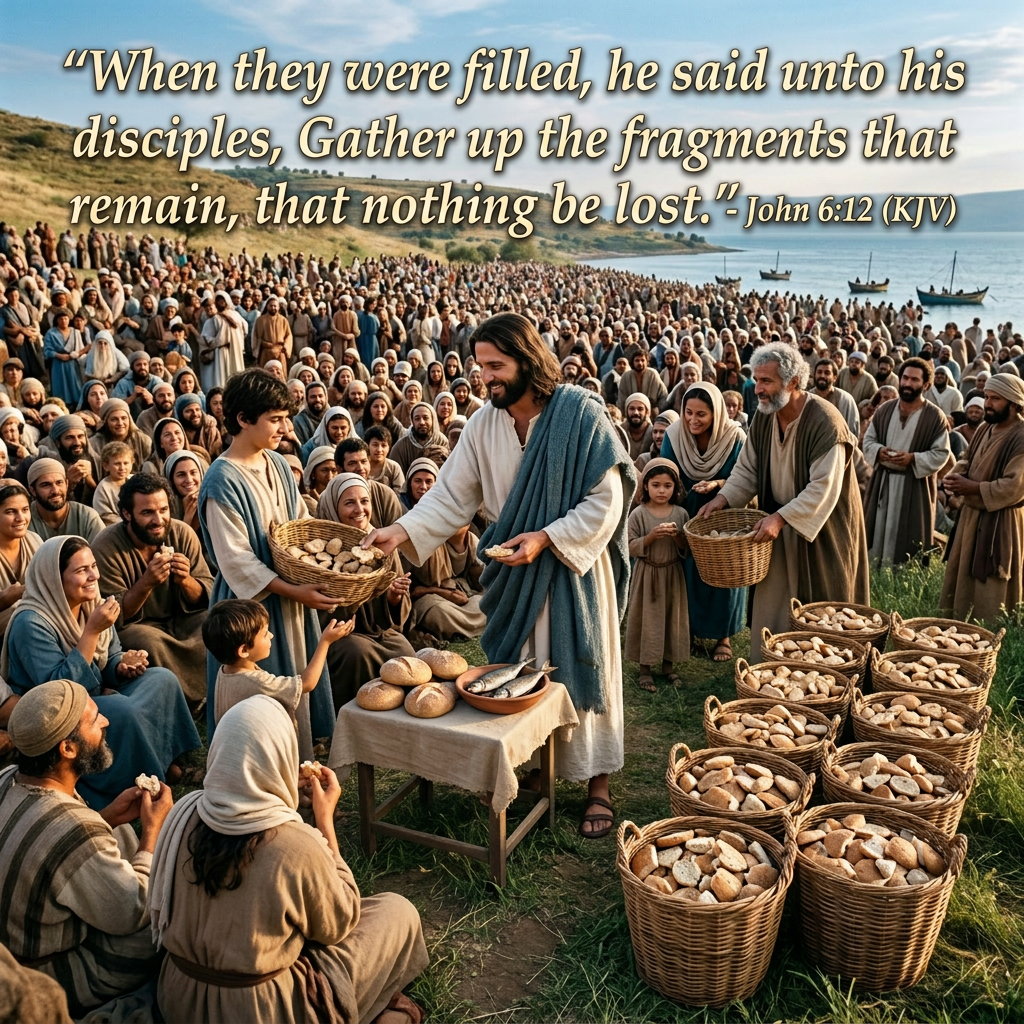 A man distributing bread and fish to a large crowd by the sea with baskets full of bread