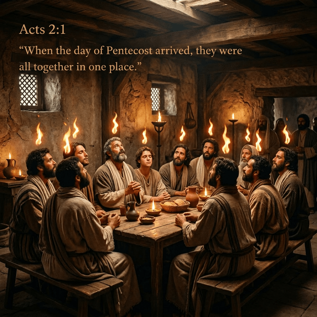 Twelve disciples sitting around a wooden table with flames above their heads inside a stone room