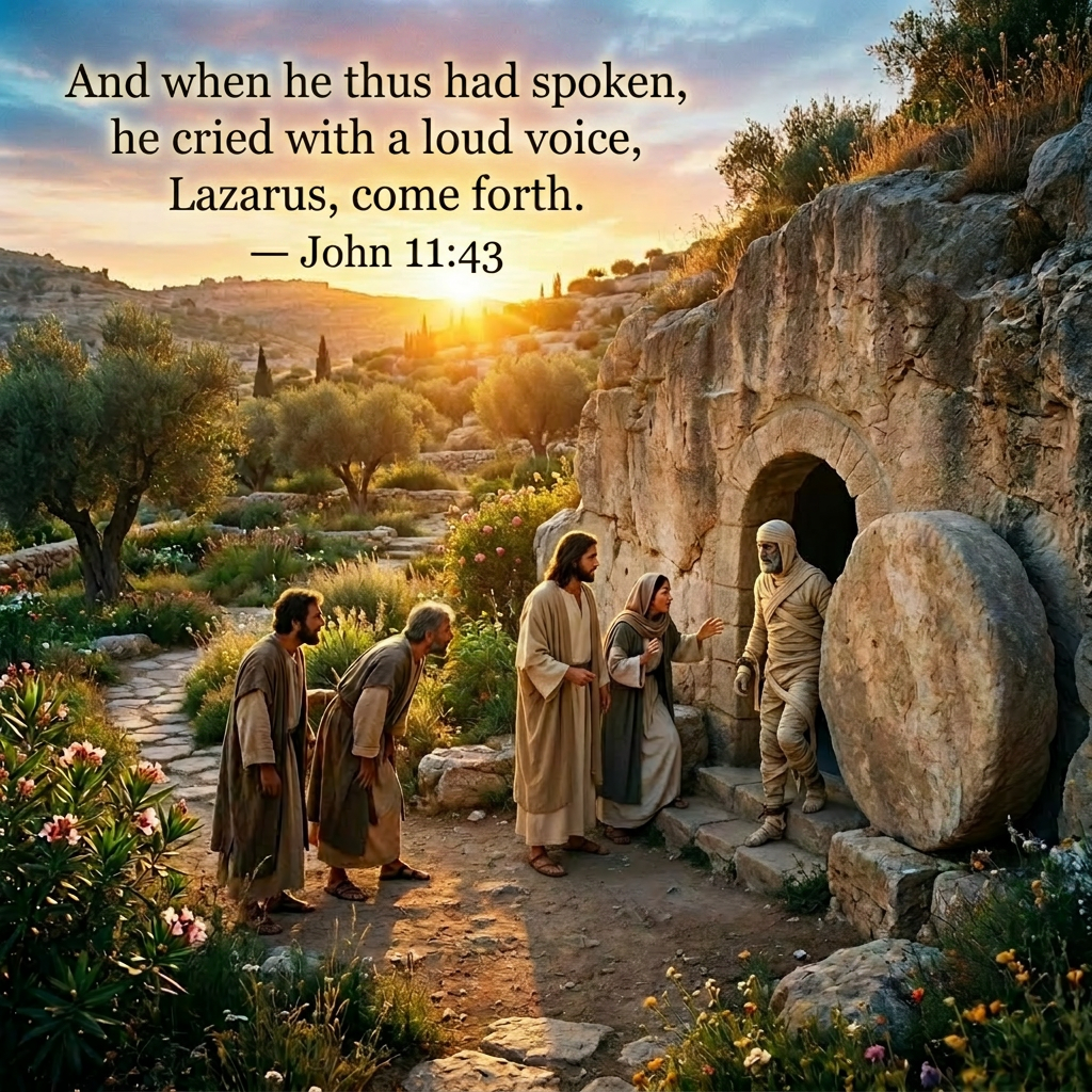 Four people discovering an empty stone tomb at sunrise in a lush garden