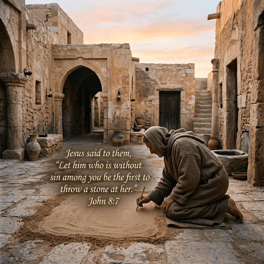 Man in robe writing ancient script in sand on stone courtyard floor
