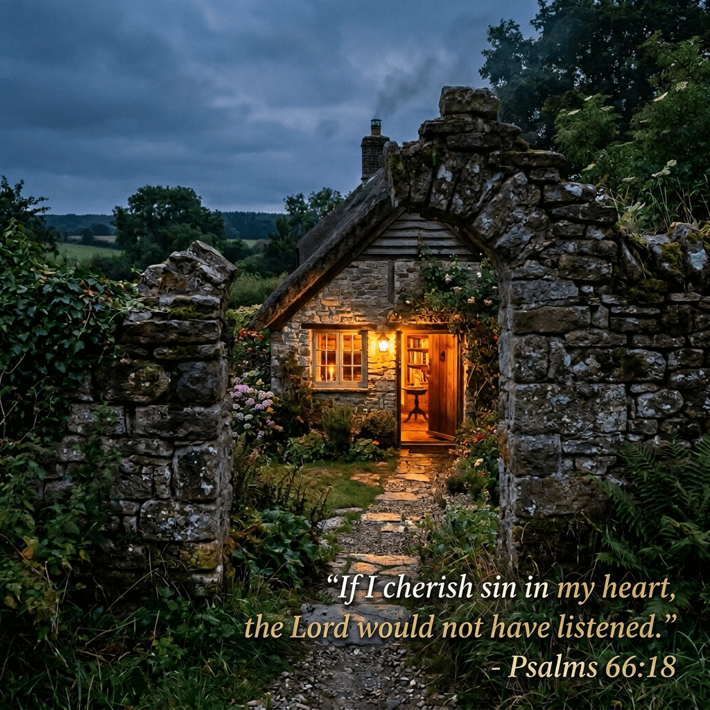 Stone cottage with glowing lights, surrounded by garden and stone archway at twilight