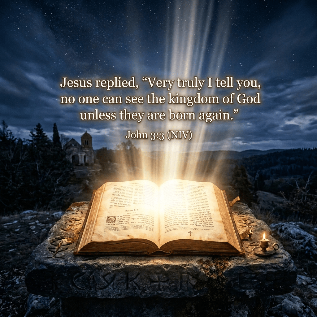 Open ancient book glowing with rays of light on stone table at night