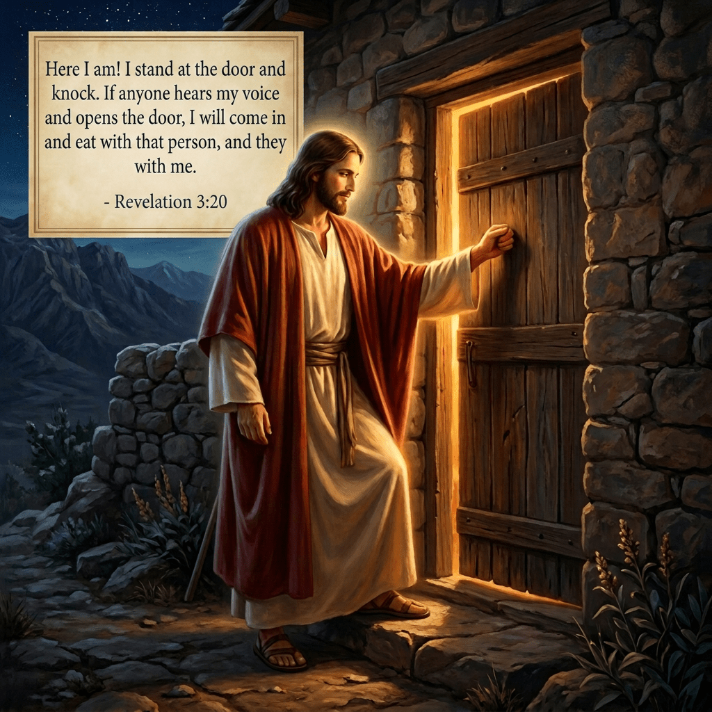 Jesus with a glowing halo knocking on a wooden door surrounded by stone walls at night