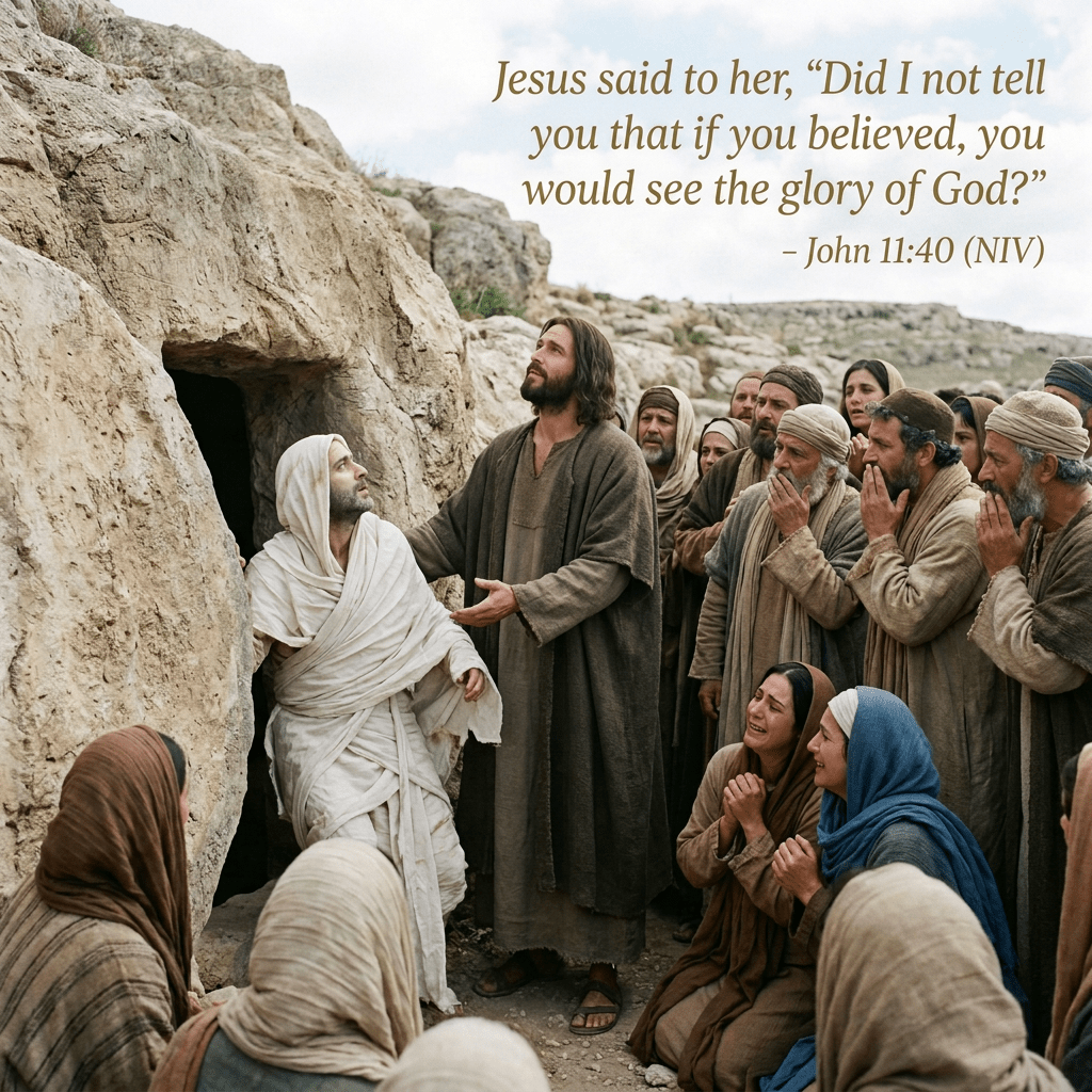 Man wrapped in white cloth emerging from a stone tomb, surrounded by people in ancient clothing