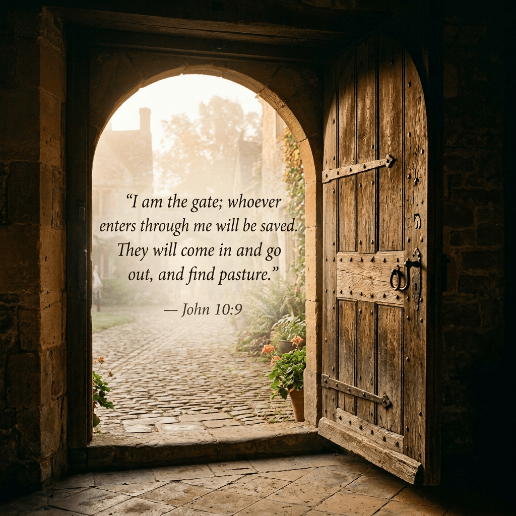 Open heavy wooden door leading to a sunlit stone courtyard with potted plants and cobblestone path