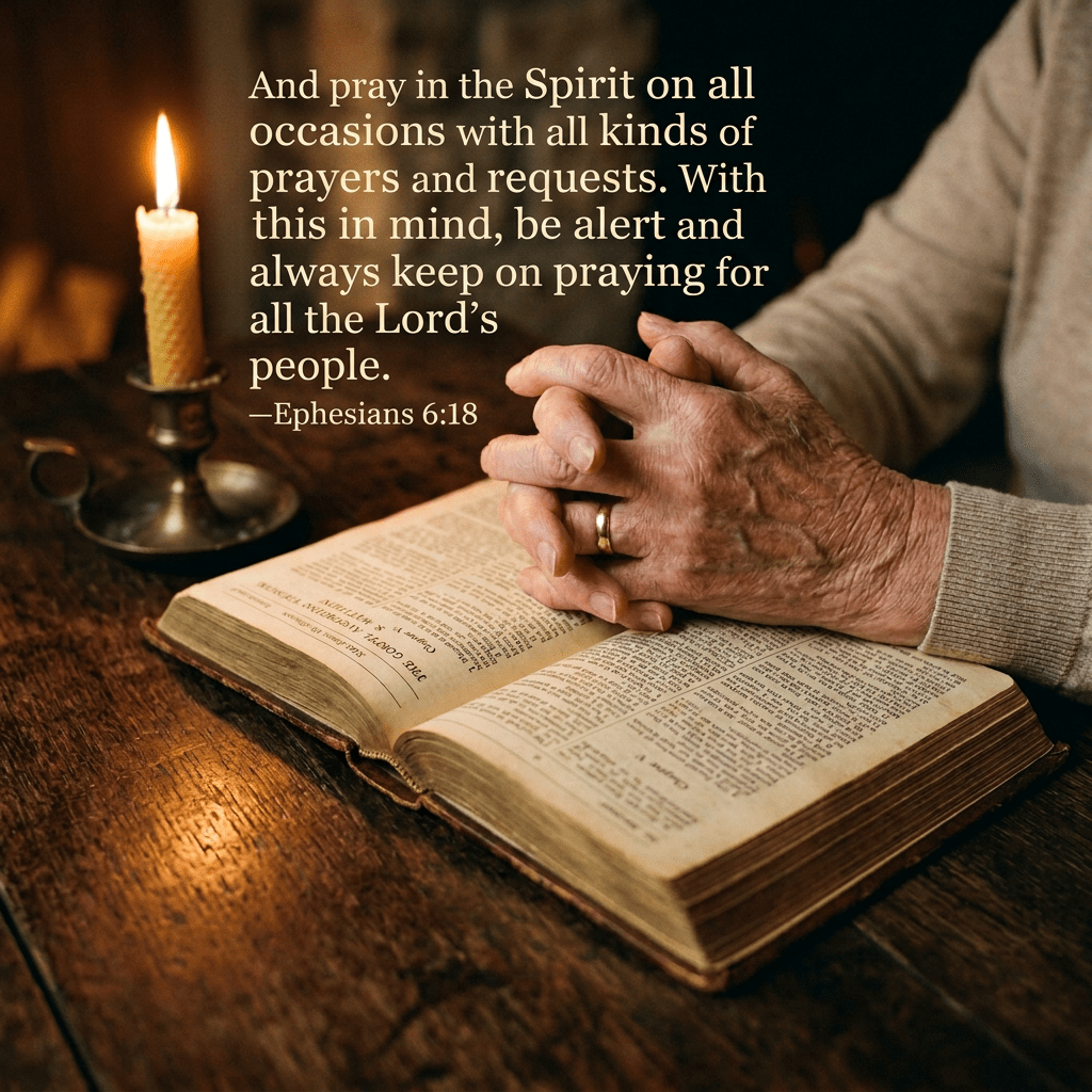 Hands folded in prayer resting on an open Bible beside a lit candle