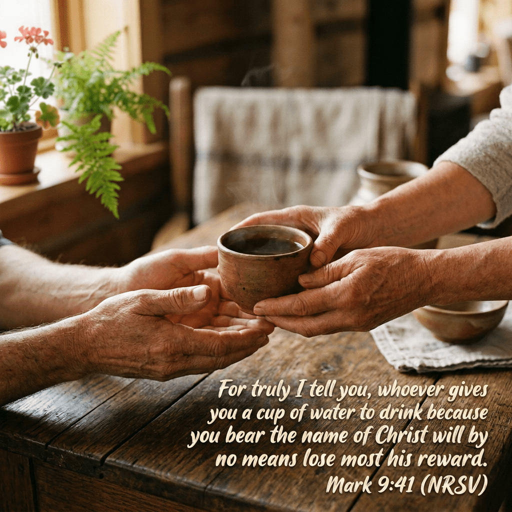 Two pairs of hands passing a steaming ceramic cup over a wooden table
