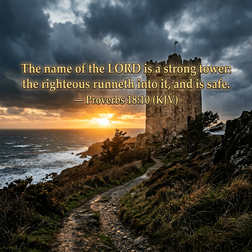 Stone tower on rocky coastline with dramatic sunset and cloudy sky