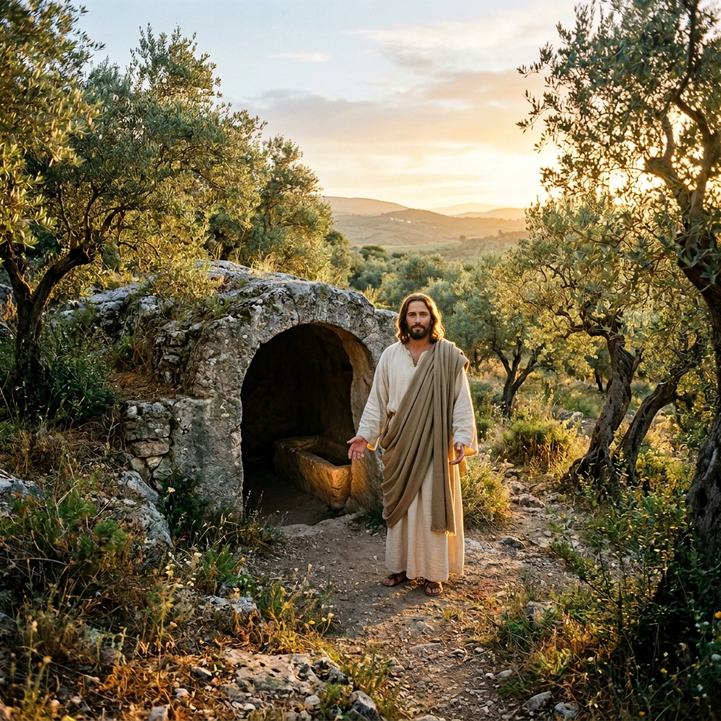 Small ancient stone arch shelter surrounded by olive trees under sunset light