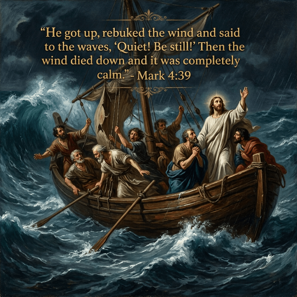 Jesus with halo raising hand, calming storm while disciples on wooden boat fight turbulent waves in rain