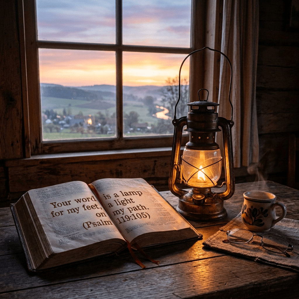 Open Bible, glowing lantern, coffee cup, and glasses by a countryside window