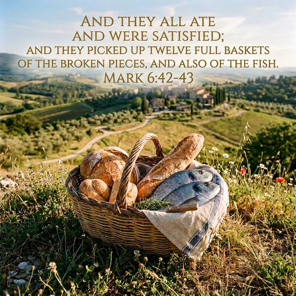 Basket of bread and fish overlooking a Tuscan countryside village