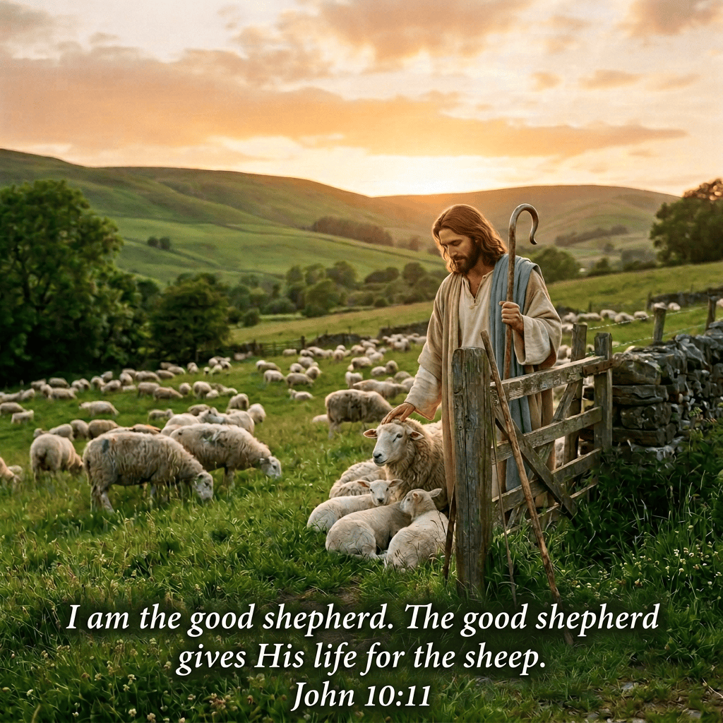 Sheep grazing in a green pasture beside a wooden gate at sunset