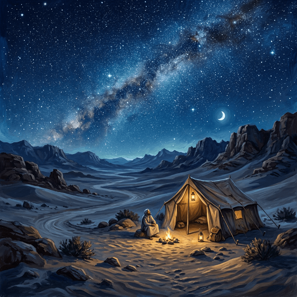 A lone camper beside a glowing tent and fire beneath the Milky Way
