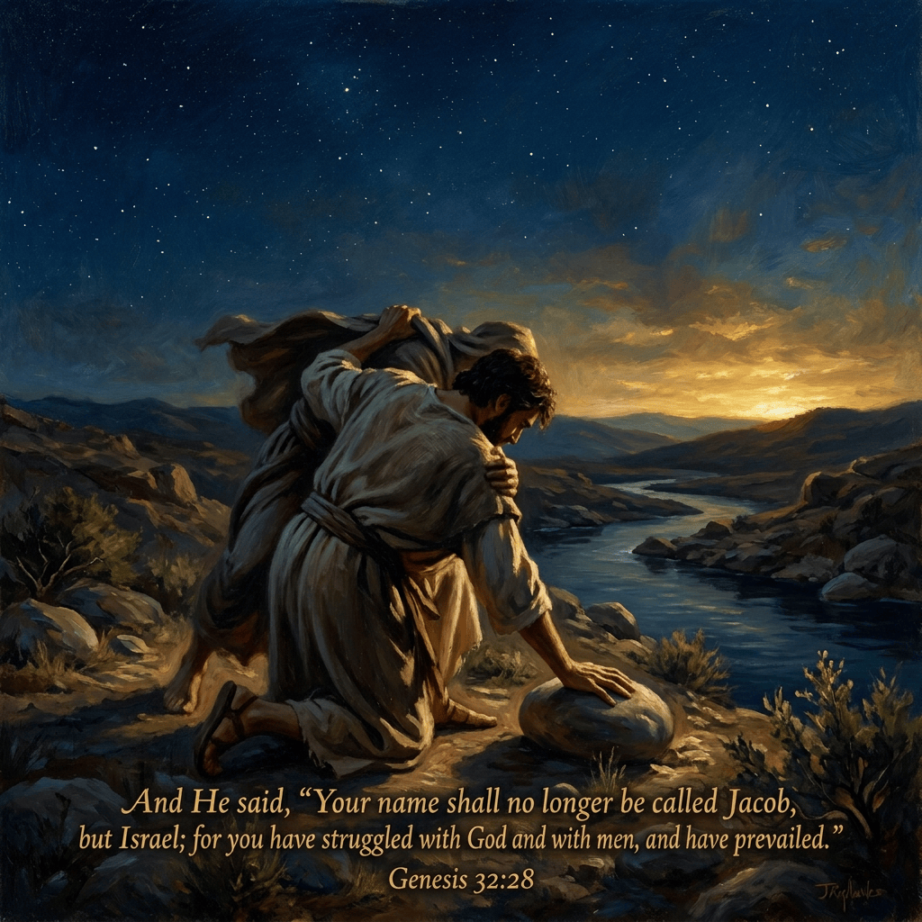 Weary robed traveler kneeling beside a river in a rocky valley