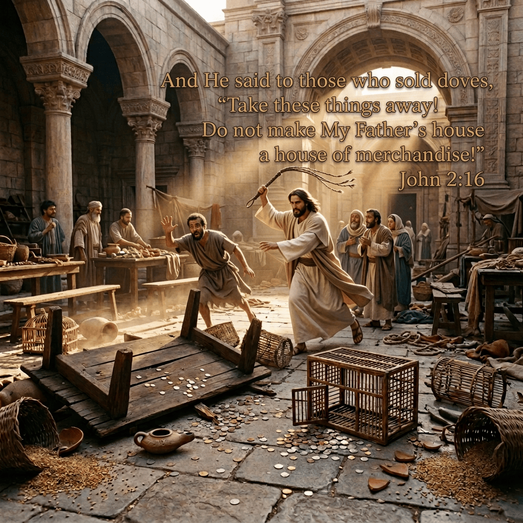 Ancient stone market with overturned tables, scattered goods, and robed figures