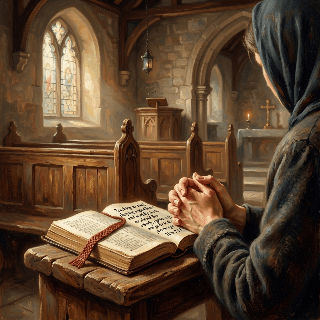 Worshipper praying beside an open Bible inside a church