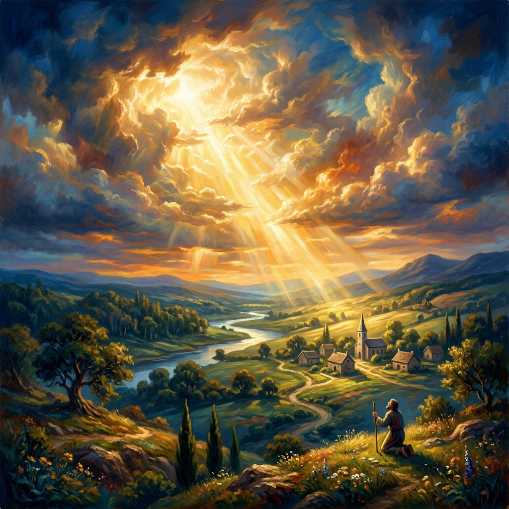 Sunbeams illuminate a river valley, village, mountains, and kneeling traveler