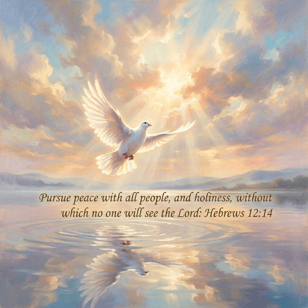 White dove flying above a reflective lake beneath sunlit clouds