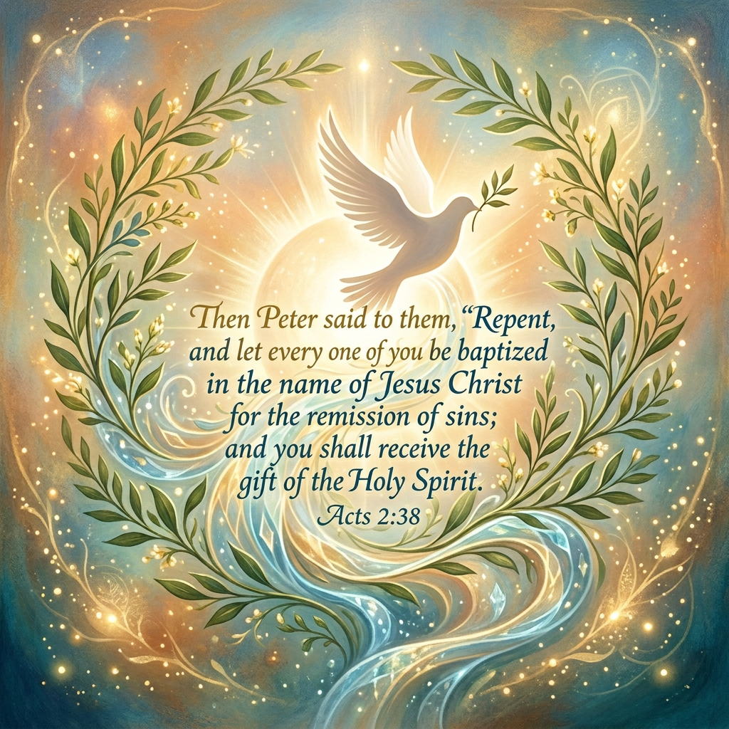 Radiant dove flying above flowing water, surrounded by laurel branches and light