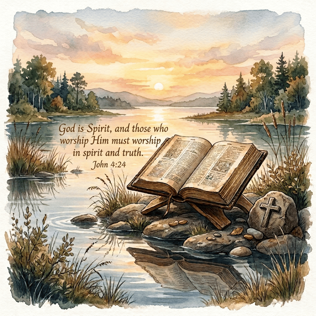 Open Bible on a wooden stand beside a lake at sunset
