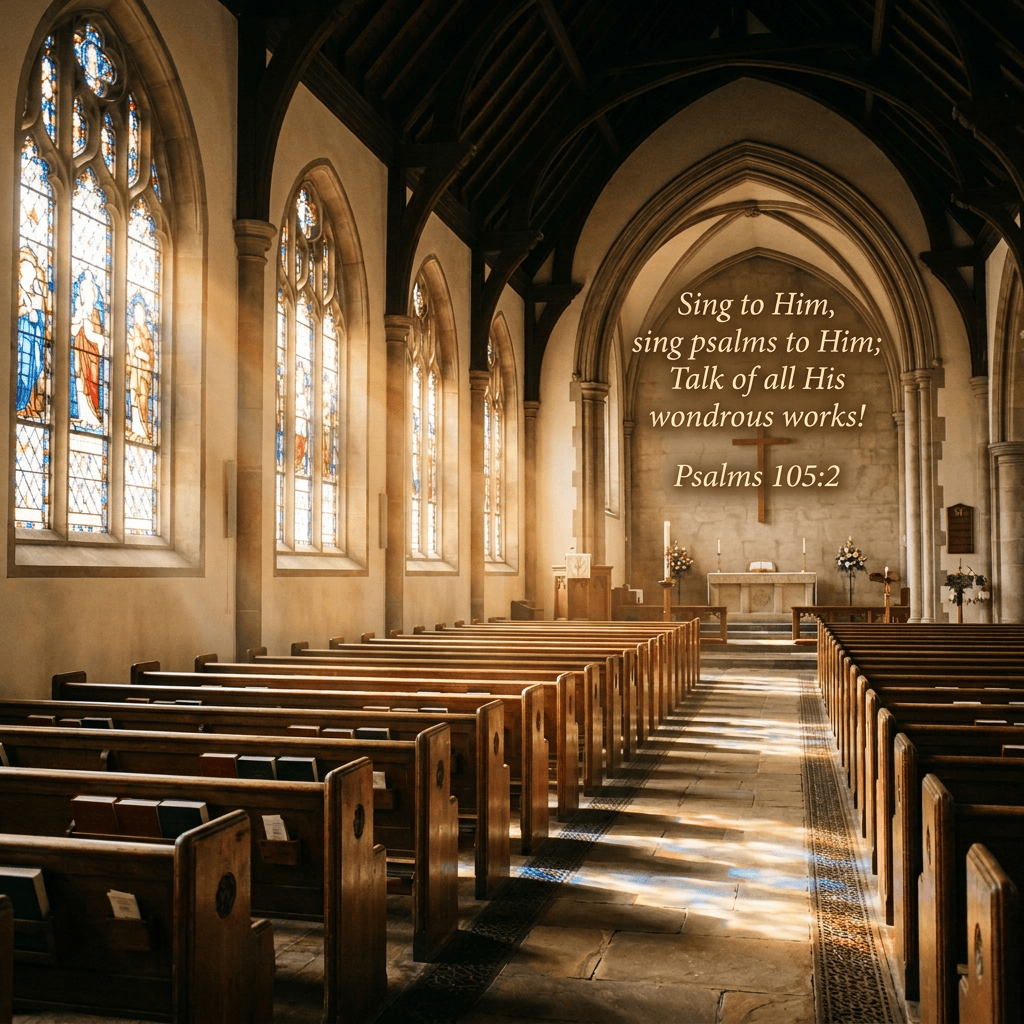 Sunlit church interior with stained-glass windows, wooden pews, and altar