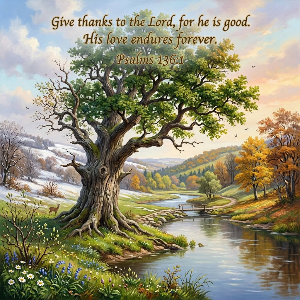 Majestic old tree beside a stream in a colorful rolling countryside