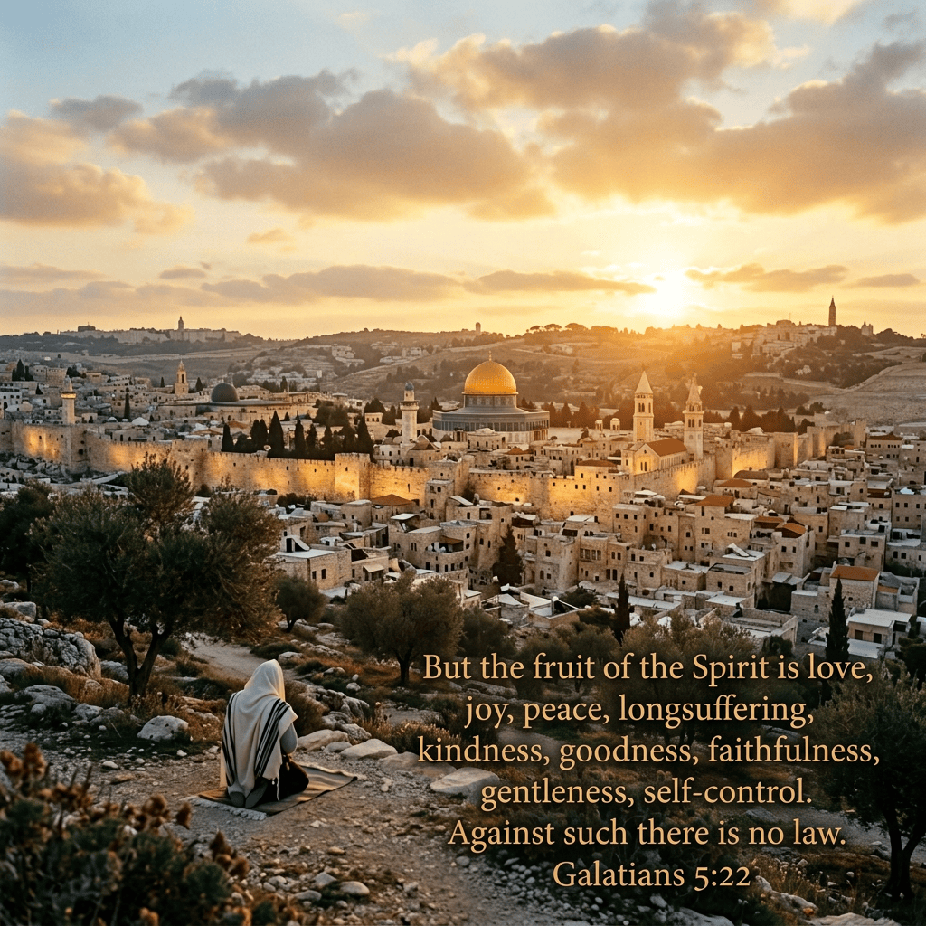 Worshipper overlooking Jerusalem and the golden Dome of the Rock at sunset