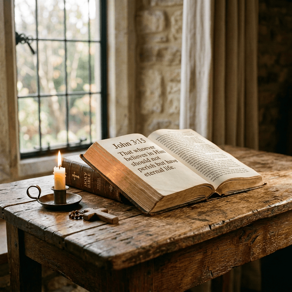 Open Holy Bible beside a lit candle, rosary, and wooden cross