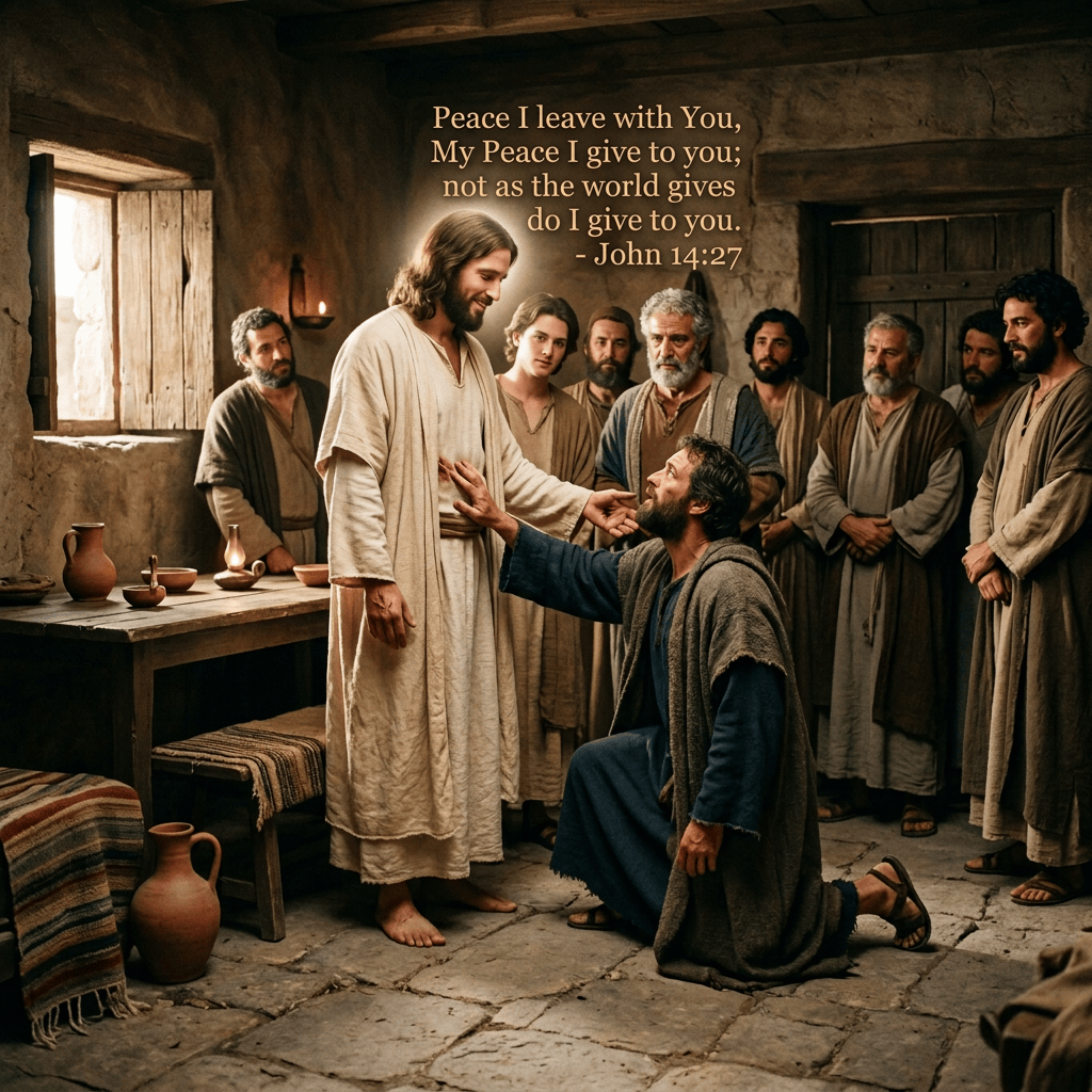 Bearded robed teacher reaching toward a kneeling man before gathered witnesses