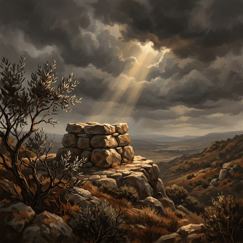 Stone cairn on a rocky mountain overlook beneath sunbeams and storm clouds