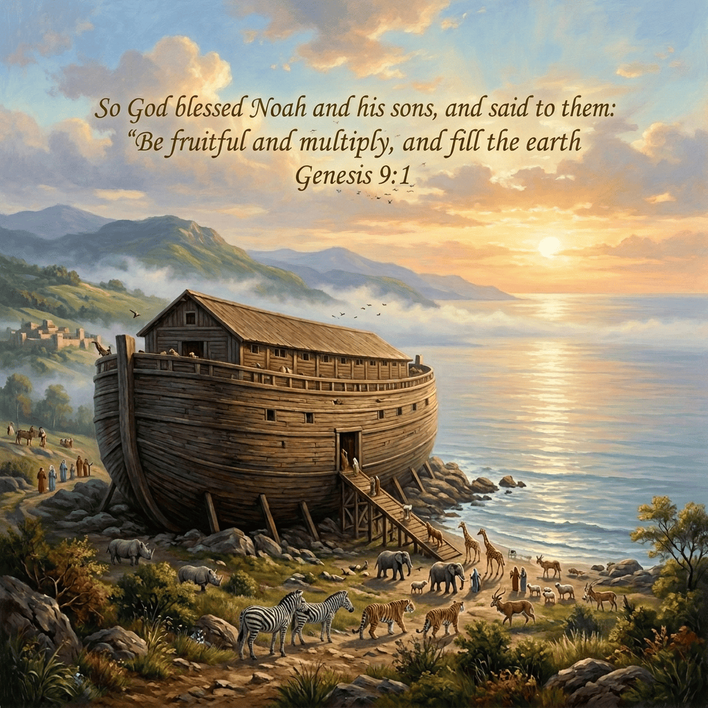 Wooden ark on a seashore with animals beneath a sunset