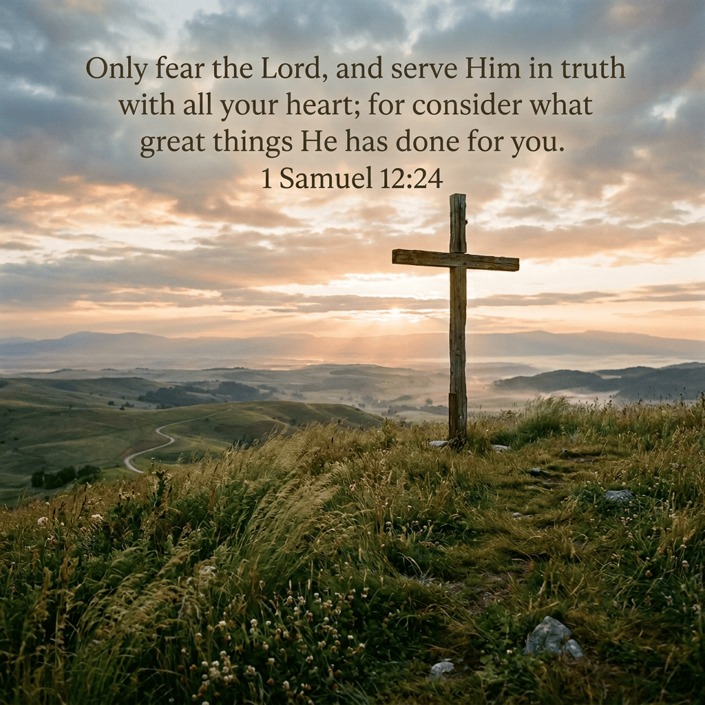 Weathered wooden cross overlooking rolling green hills at sunrise