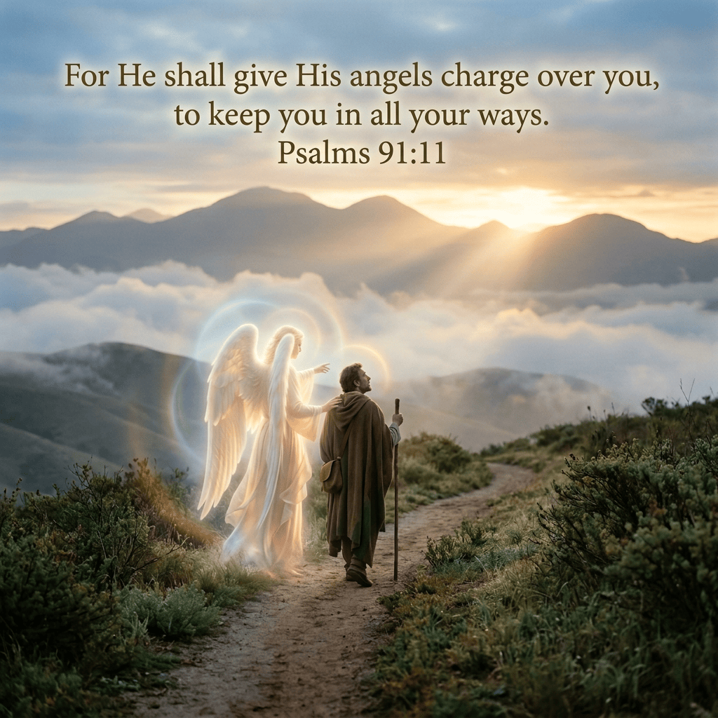 Glowing angel guiding a cloaked traveler along a mountain trail