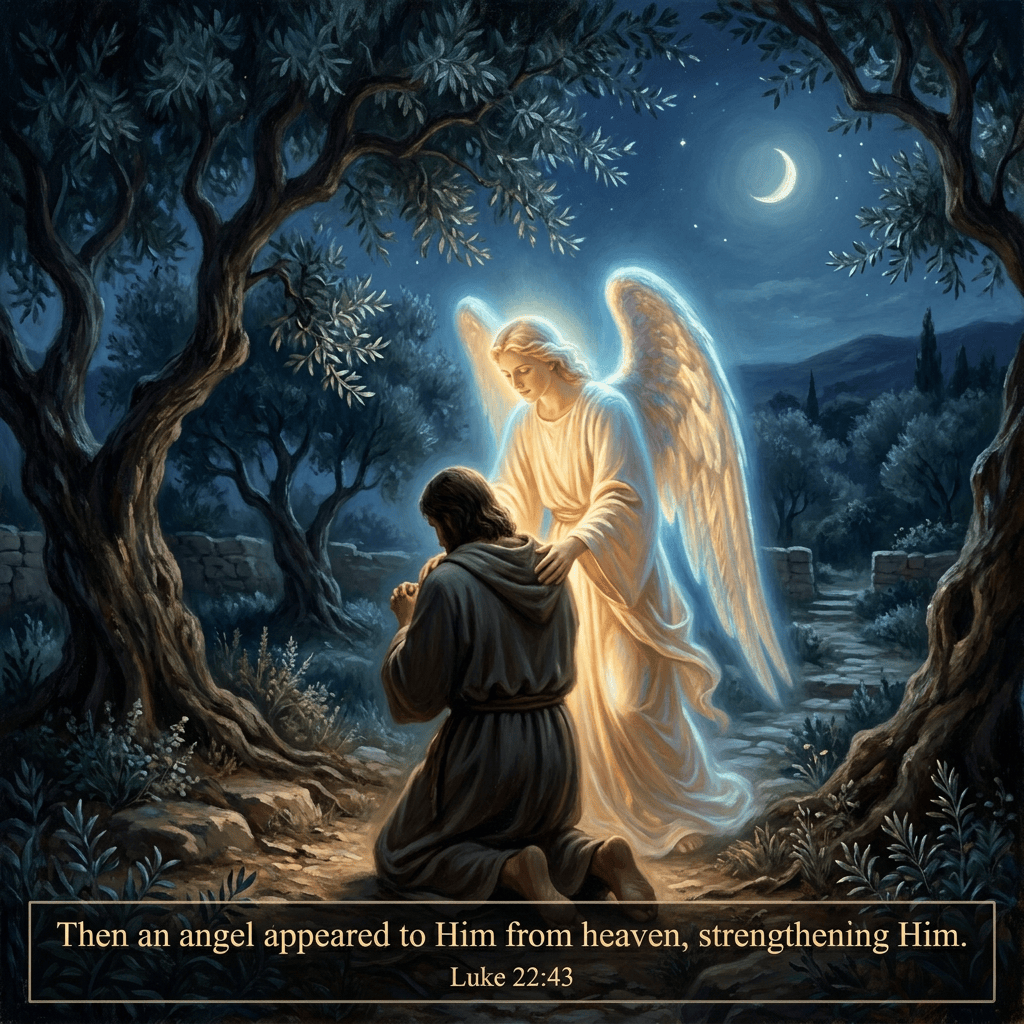 Glowing angel comforting a kneeling person beneath olive trees at night