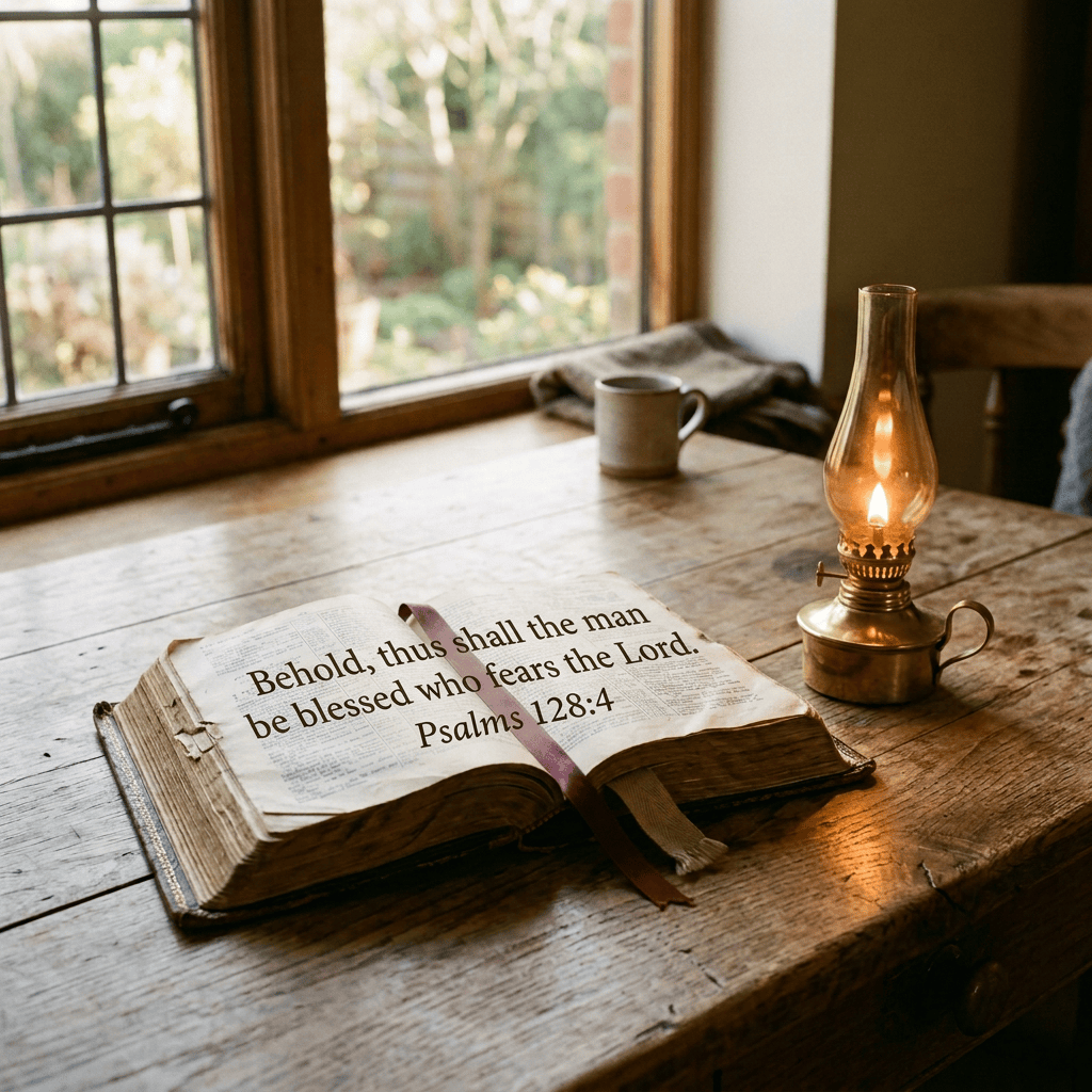Open Bible, coffee mug, and lit oil lamp on wooden table