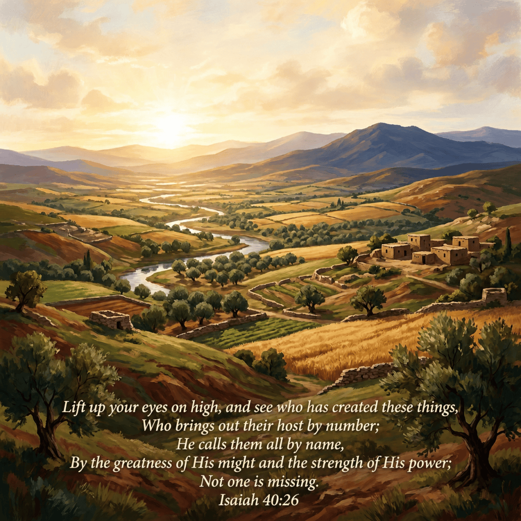 Illustrated valley with river, farmland, village, olive trees, and mountains at sunrise