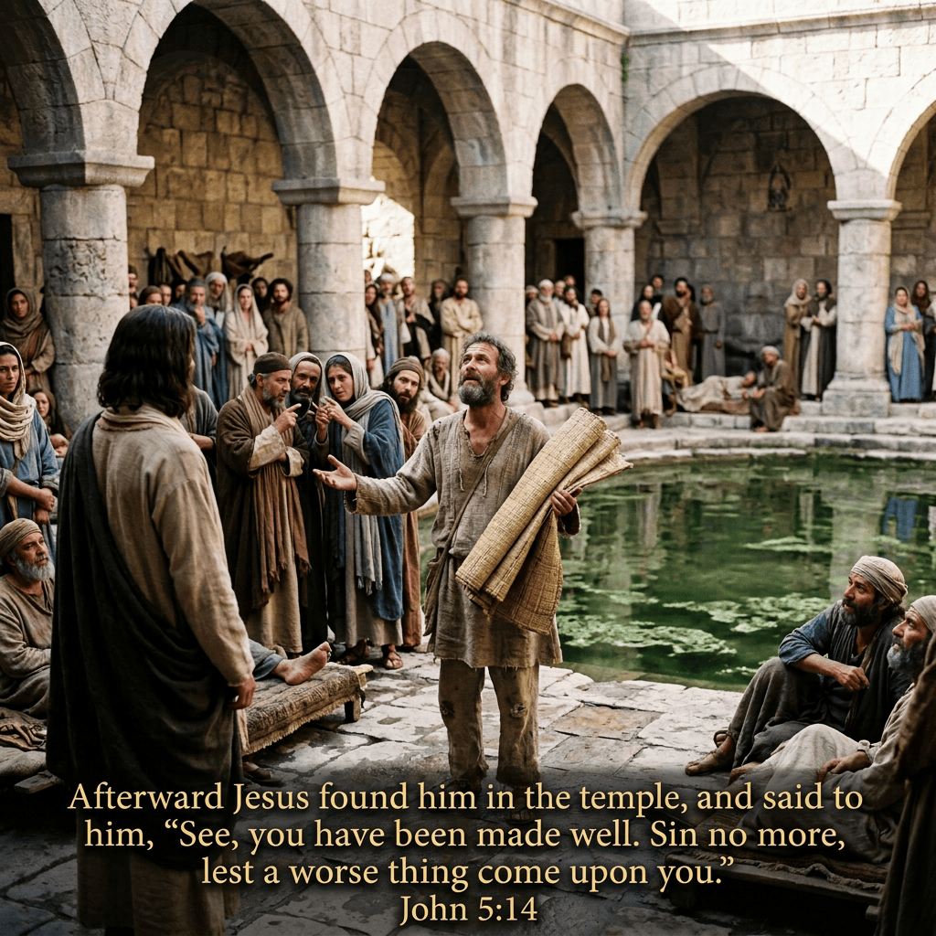 Robed man addresses a crowd beside a stone courtyard pool