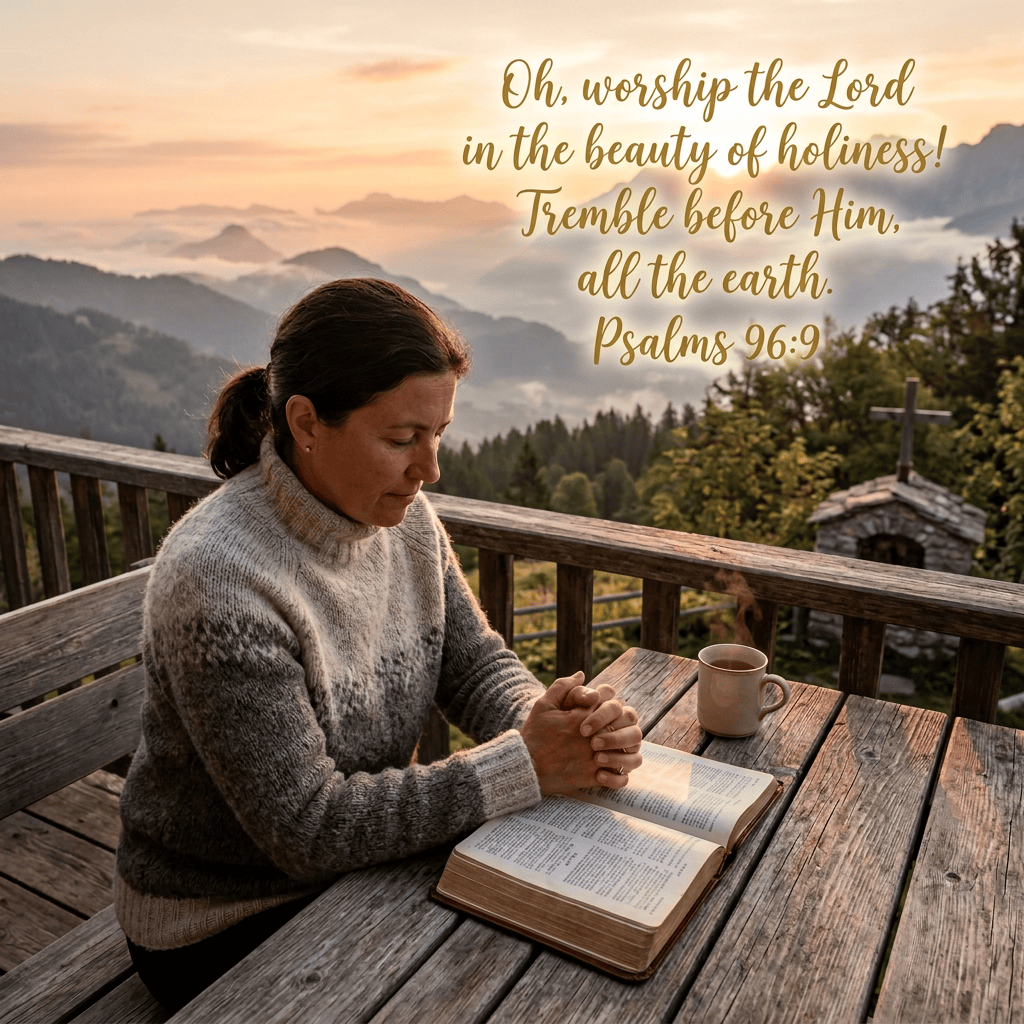 Woman reflecting beside an open book and coffee at sunrise