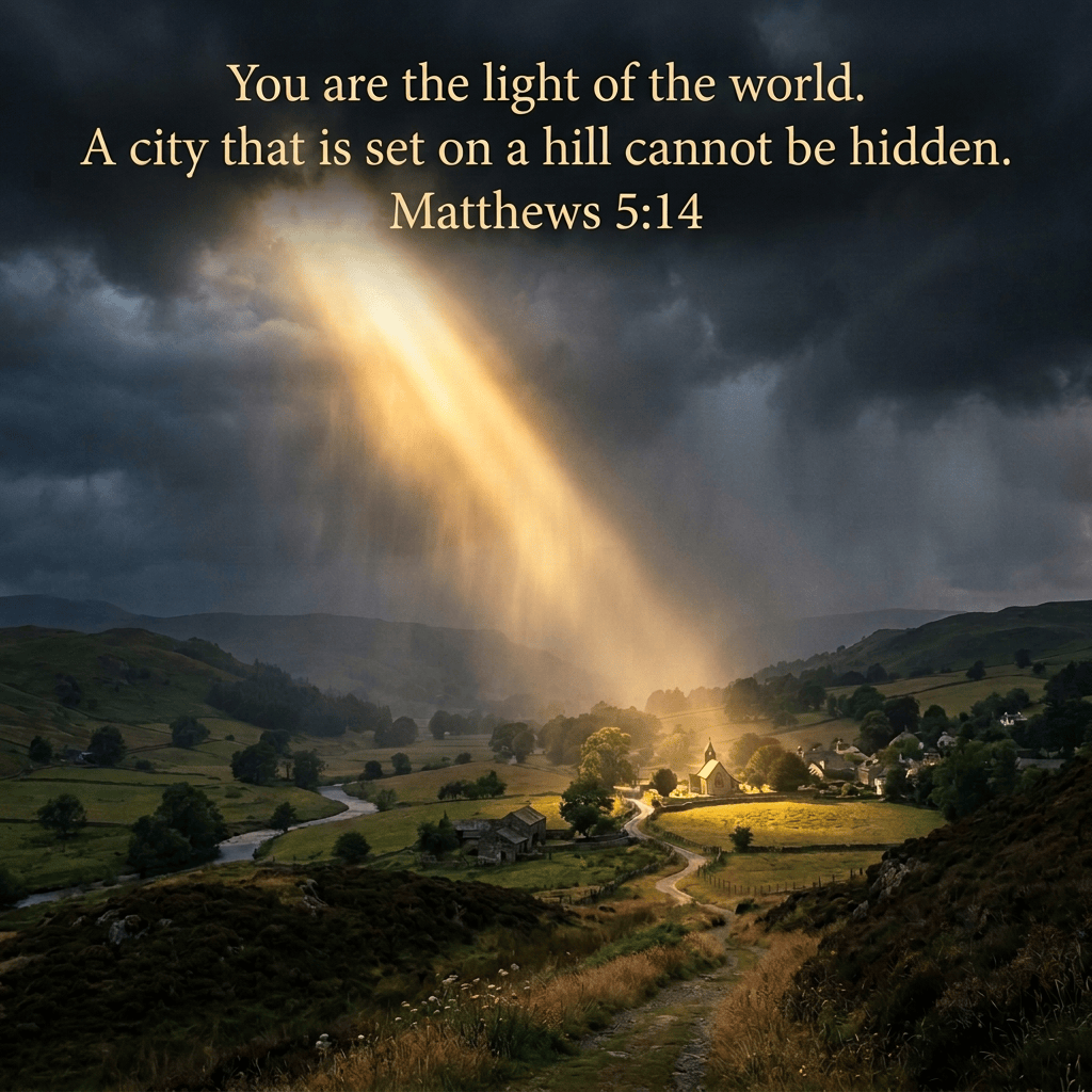 Golden sunbeams illuminate a green valley village beneath dark storm clouds
